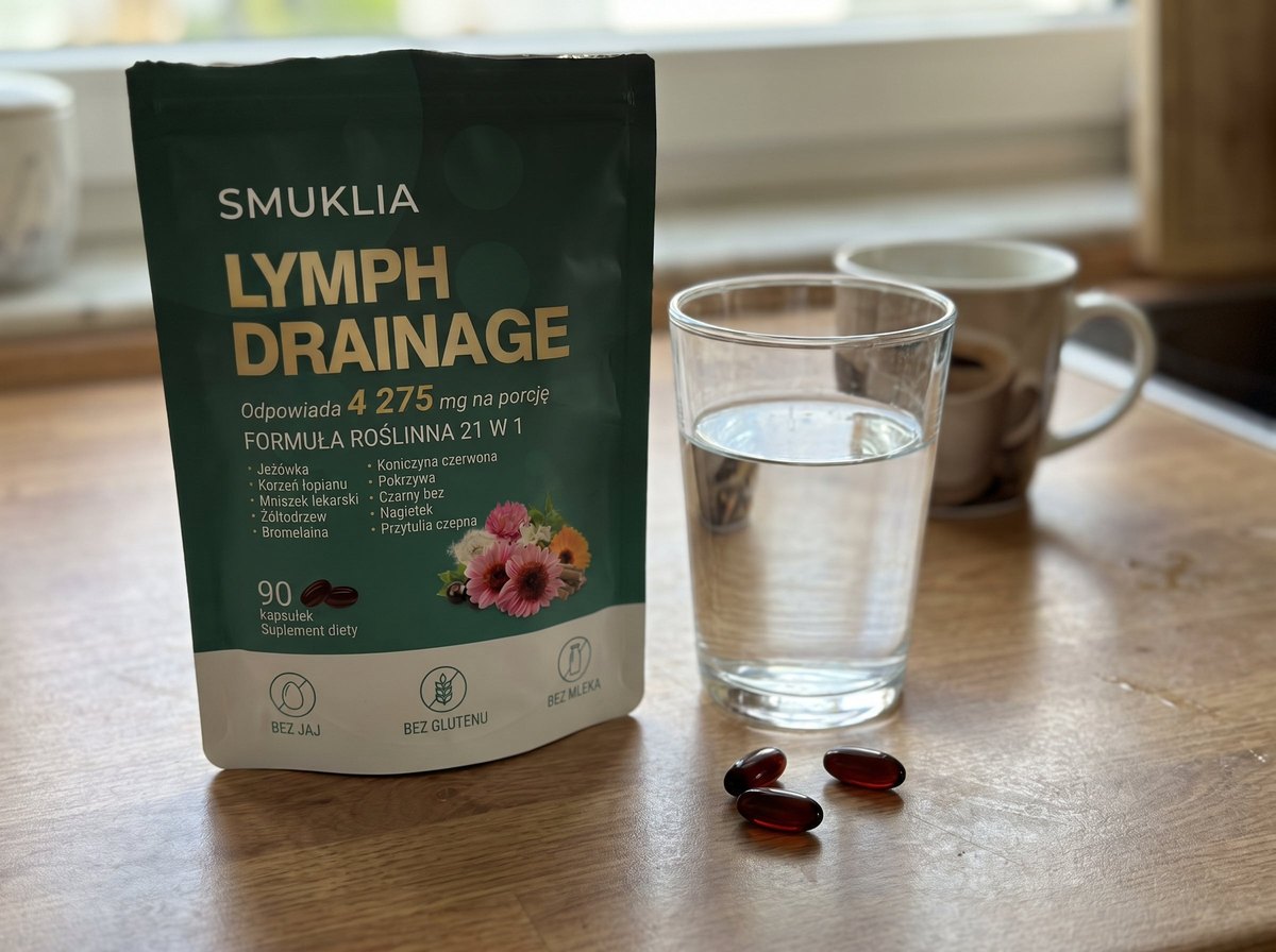 Opakowanie Smuklia ze szklanką wody na blacie kuchennym